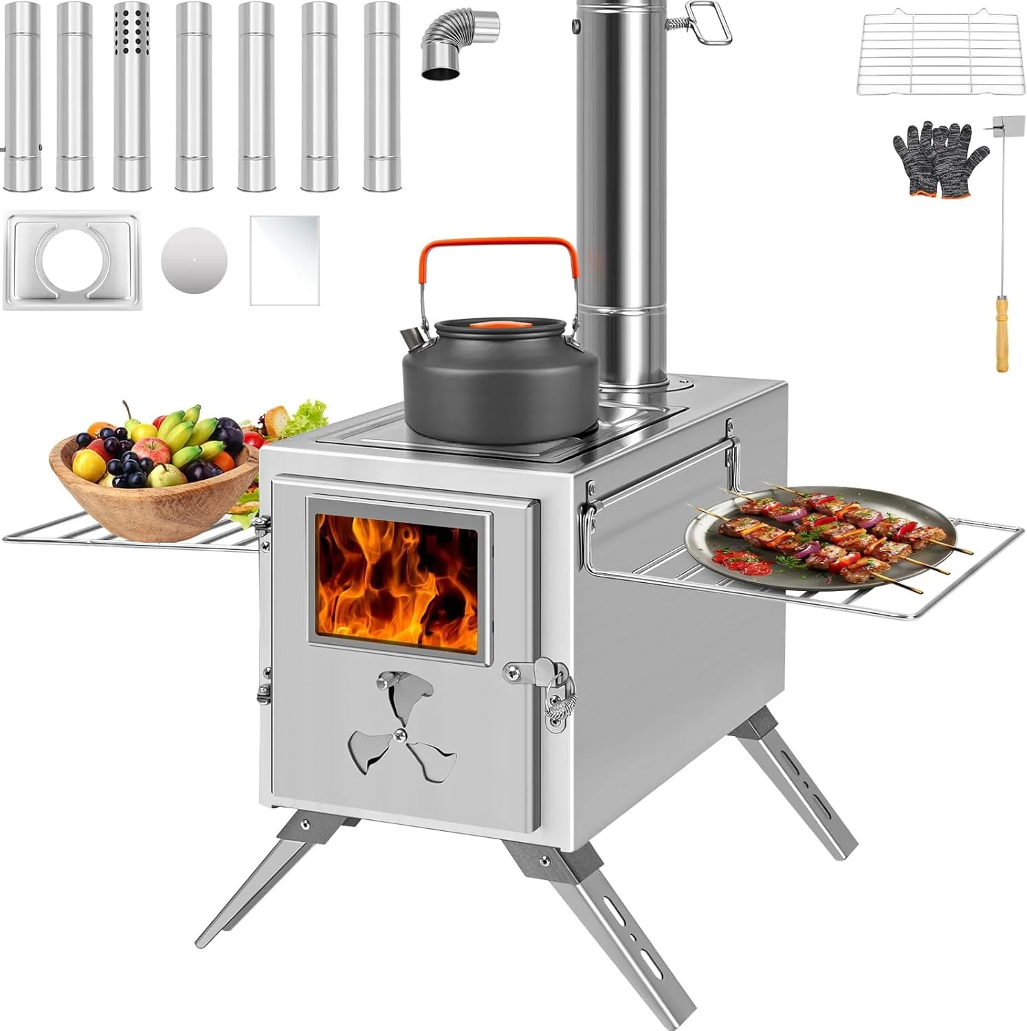 Slsy Wood Tent Stove, Portable Camping Wood Burning  Stove, Stainless Steel Hot Tent Stove with 7 Chimney Pipes for Outdoor, Camping, Cooking, Heating, BBQ, Hiking, Fishing, Hunting