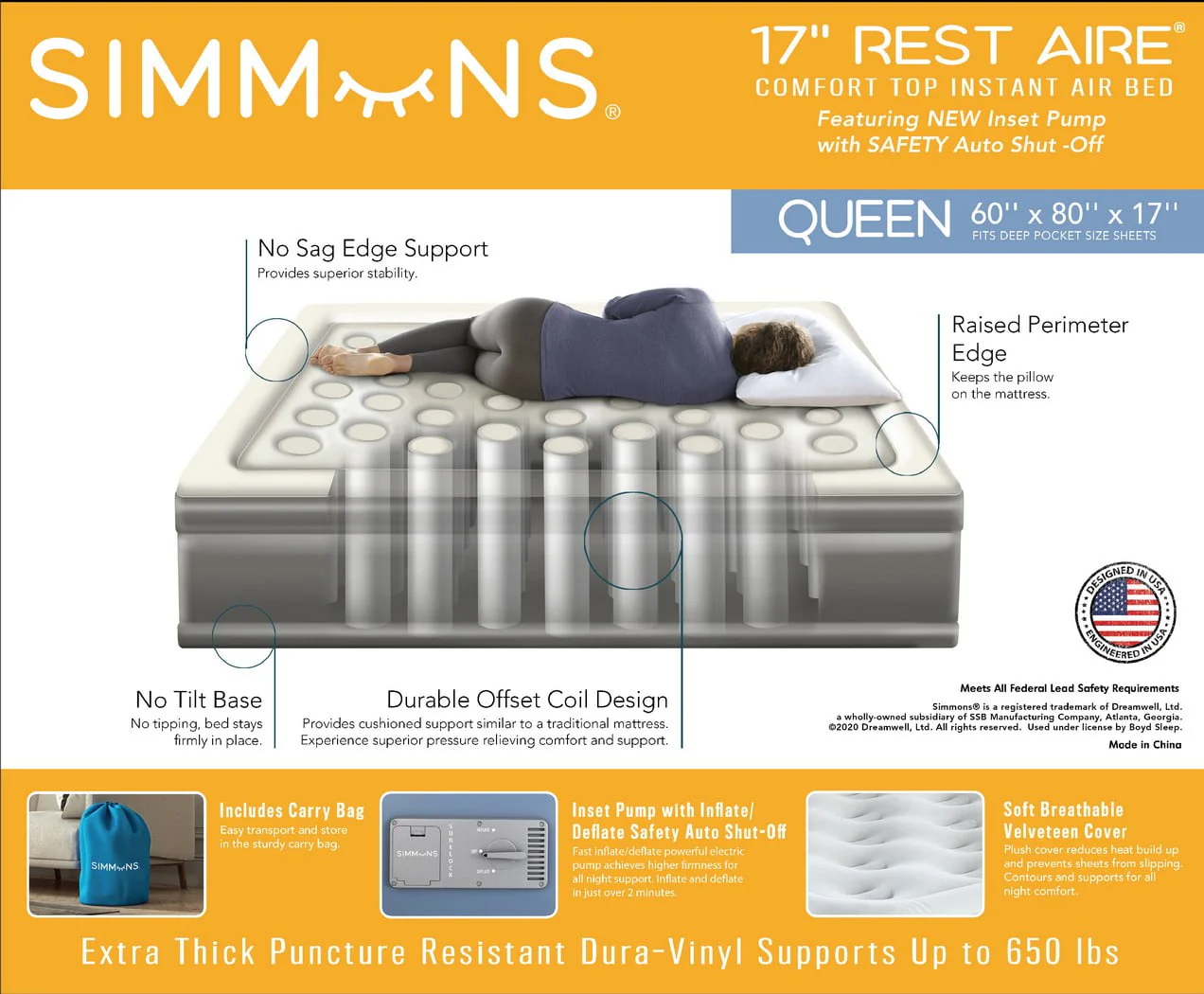 Simmons Rest Aire 17” Queen Size Air Mattress, Inflatable Bed with Built-In Pump Best for Camping, Guests, Travel, Safety Auto Shutoff