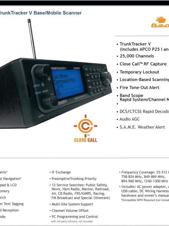 BCD996P2 Digital Mobile TrunkTracker V Scanner, 25,000 Dynamically Allocated Channels, Close Call RF Capture Technology, 4-Line Alpha display, Base/Mobile Design, Phase 2