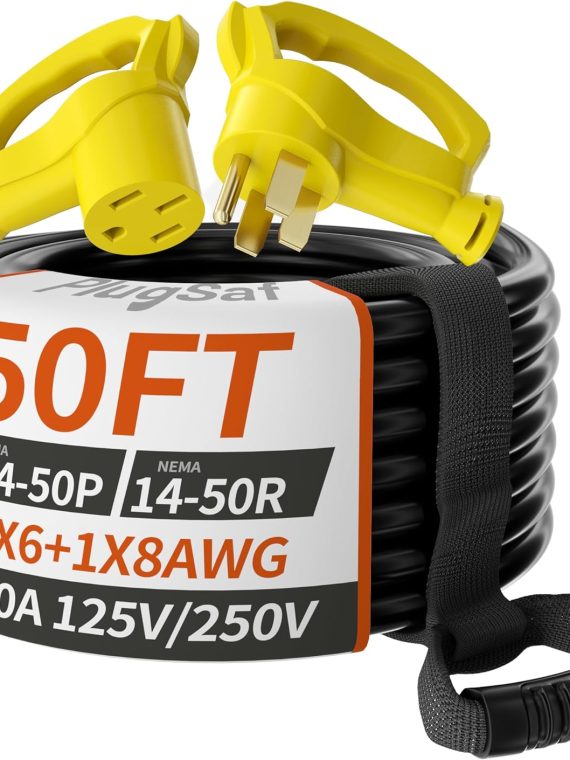 Extension Cord Outdoor with Grip Handle, 4 Prong Flexible Heavy Duty 6/3+8/1 Gauge STW RV Power Cord Waterproof, NEMA 14-50P to 14-50R, Black-Yellow, ETL Listed