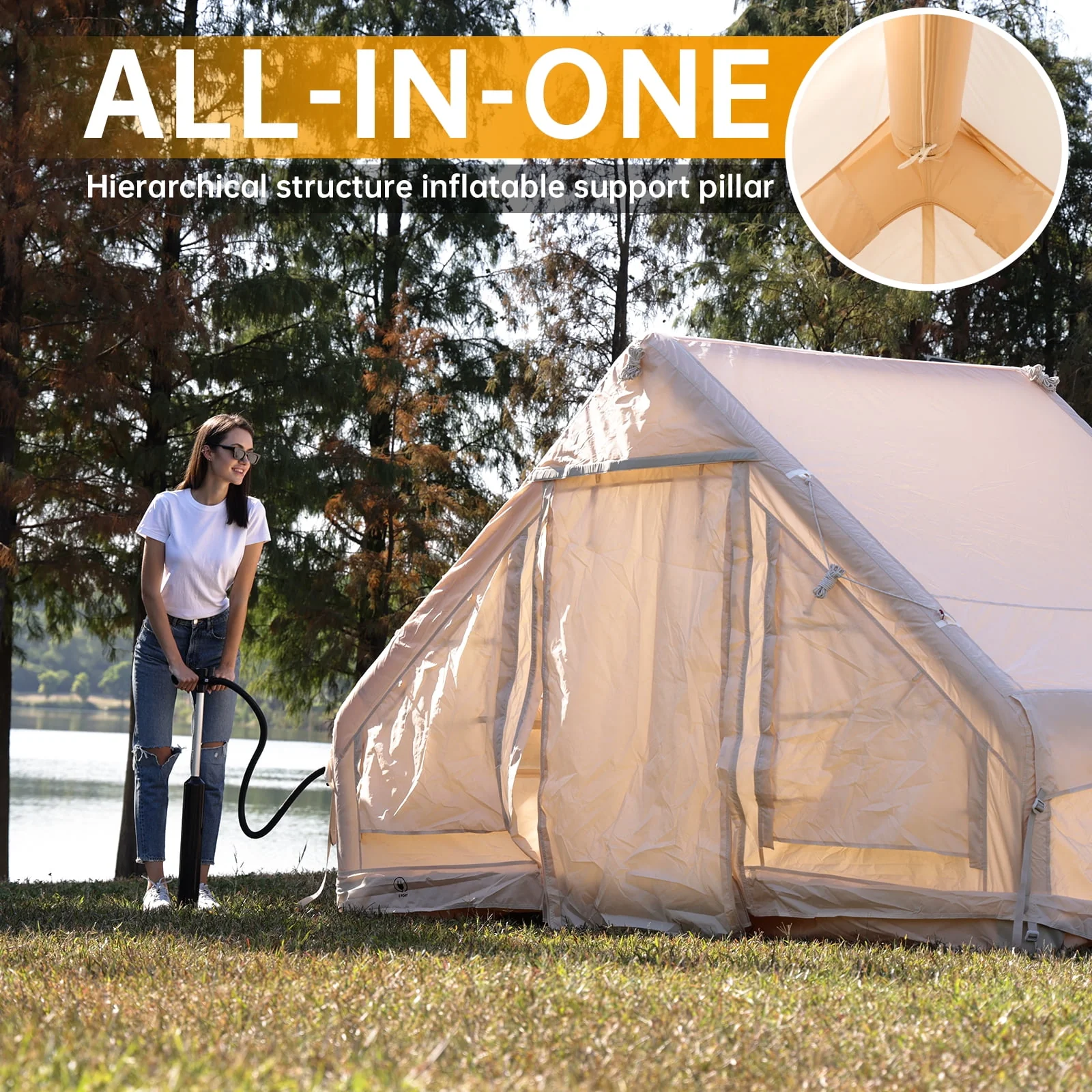 Inflatable Camping Tent with Pump, Glamping Tents, Easy Setup 4 Season Waterproof Windproof Outdoor Blow Up Tent, Luxury Cabin Tent with Mesh Windows & Doors