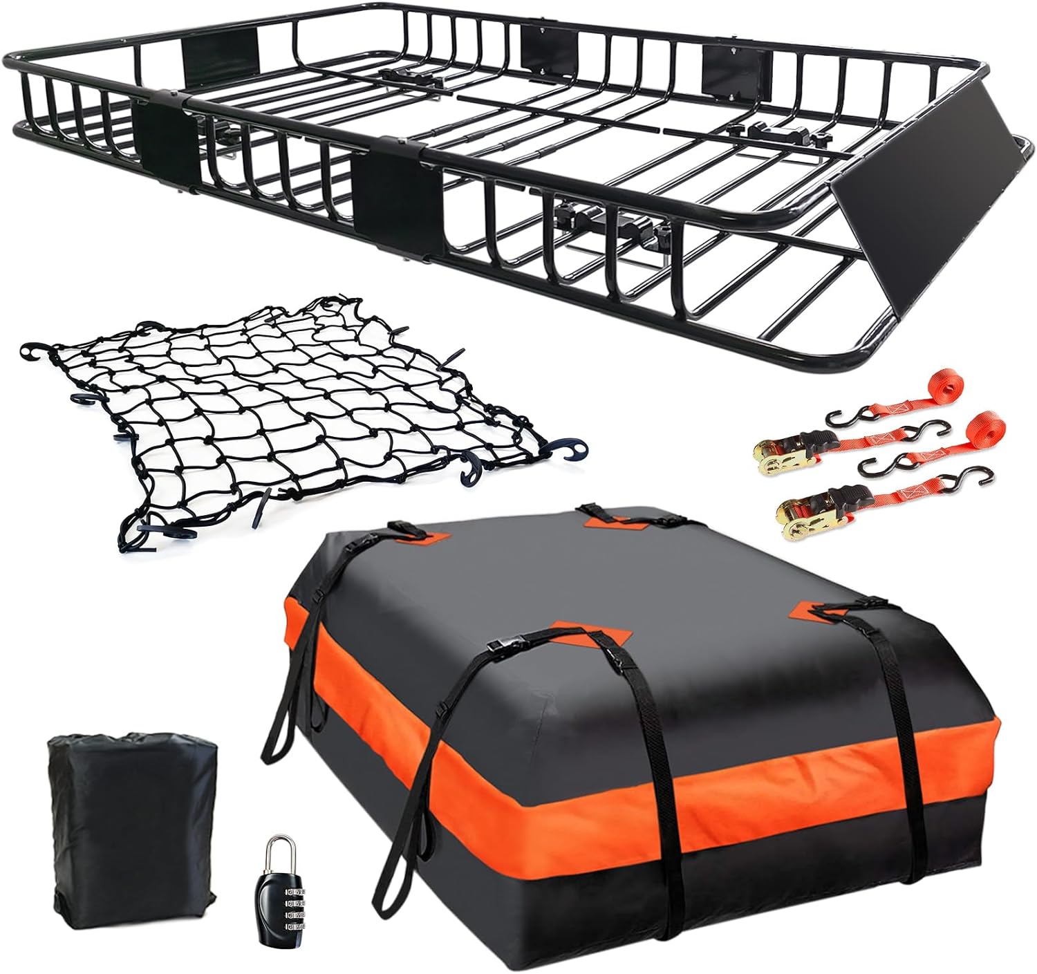 Folding hitch mounted cargo basket 60′′ With hook stabilizer, net and straps