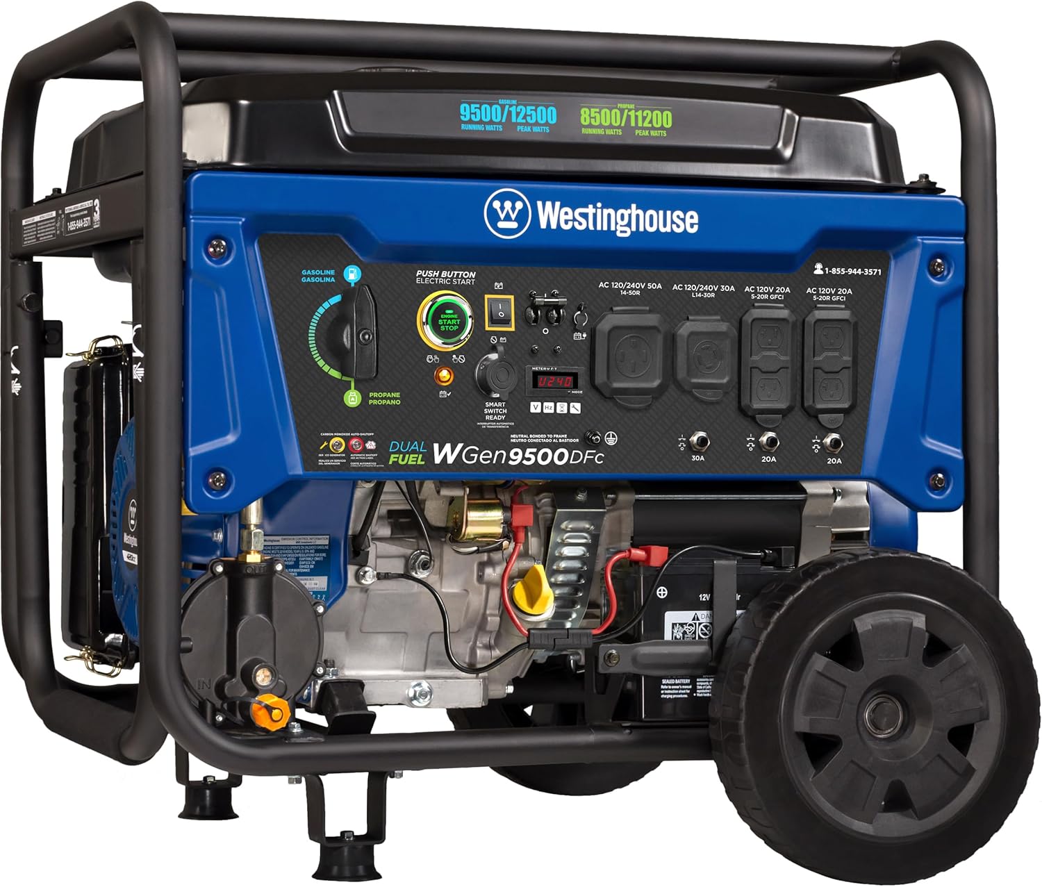 Equipment 12500 Peak Watt Tri-Fuel Home Backup Portable Generator, Remote Electric Start, Transfer Switch Ready, Gas, Propane, and Natural Gas Powered
