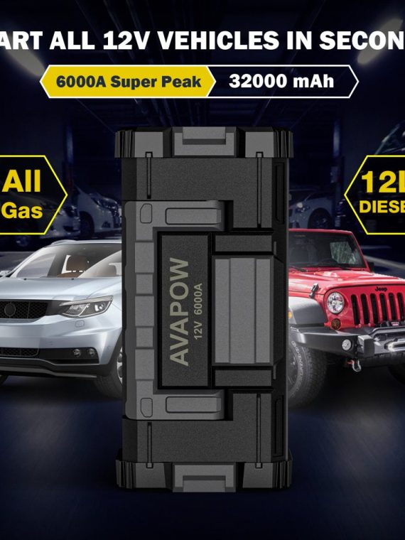 AVAPOW 6000A Car Battery Jump Starter with Dual USB Quick Charge and DC Output, 12V Jump Pack with Built-In LED Bright Light