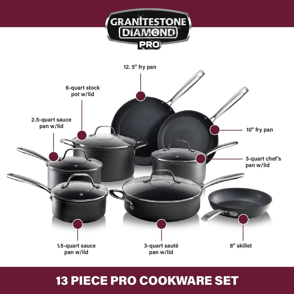 Granitestone Pro Hard Anodized Pots and Pans 13 Pcs Premium Cookware Set with Ultimate Nonstick Diamond Coating, Oven & Dishwasher Safe