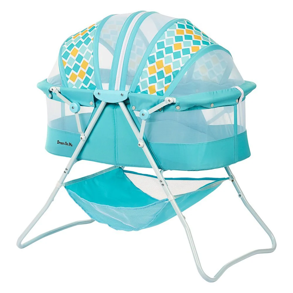Dream On Me Karley Bassinet in Blue & Grey, Lightweight Portable Baby Bassinet, Quick Fold and Easy to Carry , Adjustable Double Canopy, Indoor and Outdoor Bassinet with Large Storage Basket.