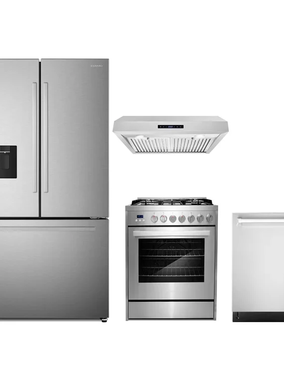 4 Piece Kitchen Package with 30′′ Freestanding Gas Range 30′′ Under Cabinet Range Hood 24′′ Built-in Fully Integrated Dishwasher 36′′ French Door Refrigerator