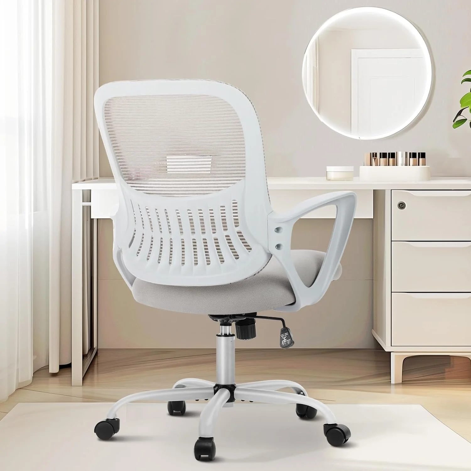 Office Computer Desk Managerial Executive Chair, Ergonomic Mid-Back Mesh Rolling Work Swivel Chairs with Wheels, Comfortable Lumbar Support, Comfy Arms for Home,Bedroom,Study,Student,Grey
