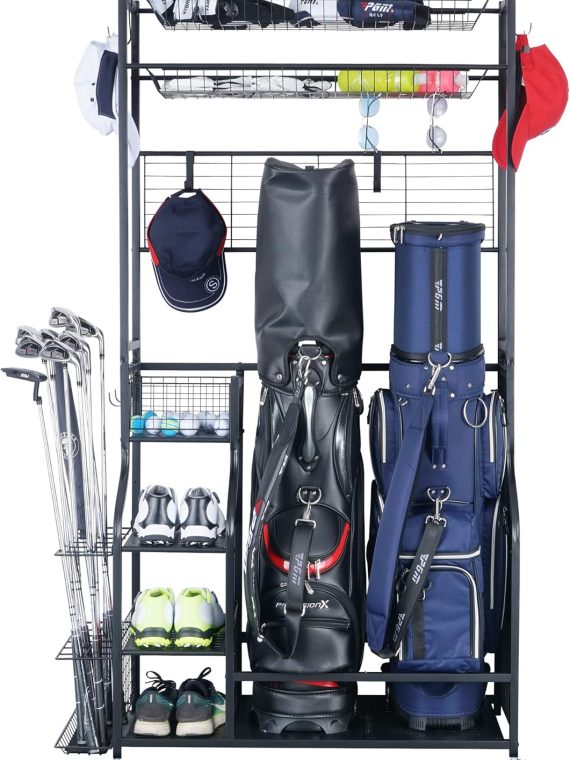 Golf Bag Storage Garage Organizer,2 Golf Bags Storage Stand and Golfing Equipment Accessories Storage Rack with 4 Removable Hooks, Extra Golf Clubs Display Rack