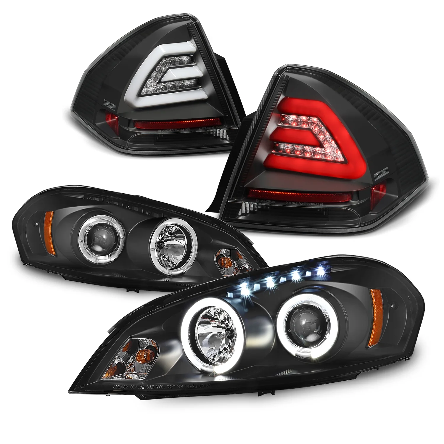 AKKON – Fit 2006-2013 Chevy Impala / Limited Dual Halo DRL Projector LED Headlights + LED Tail Lamps [Black Housing Set]