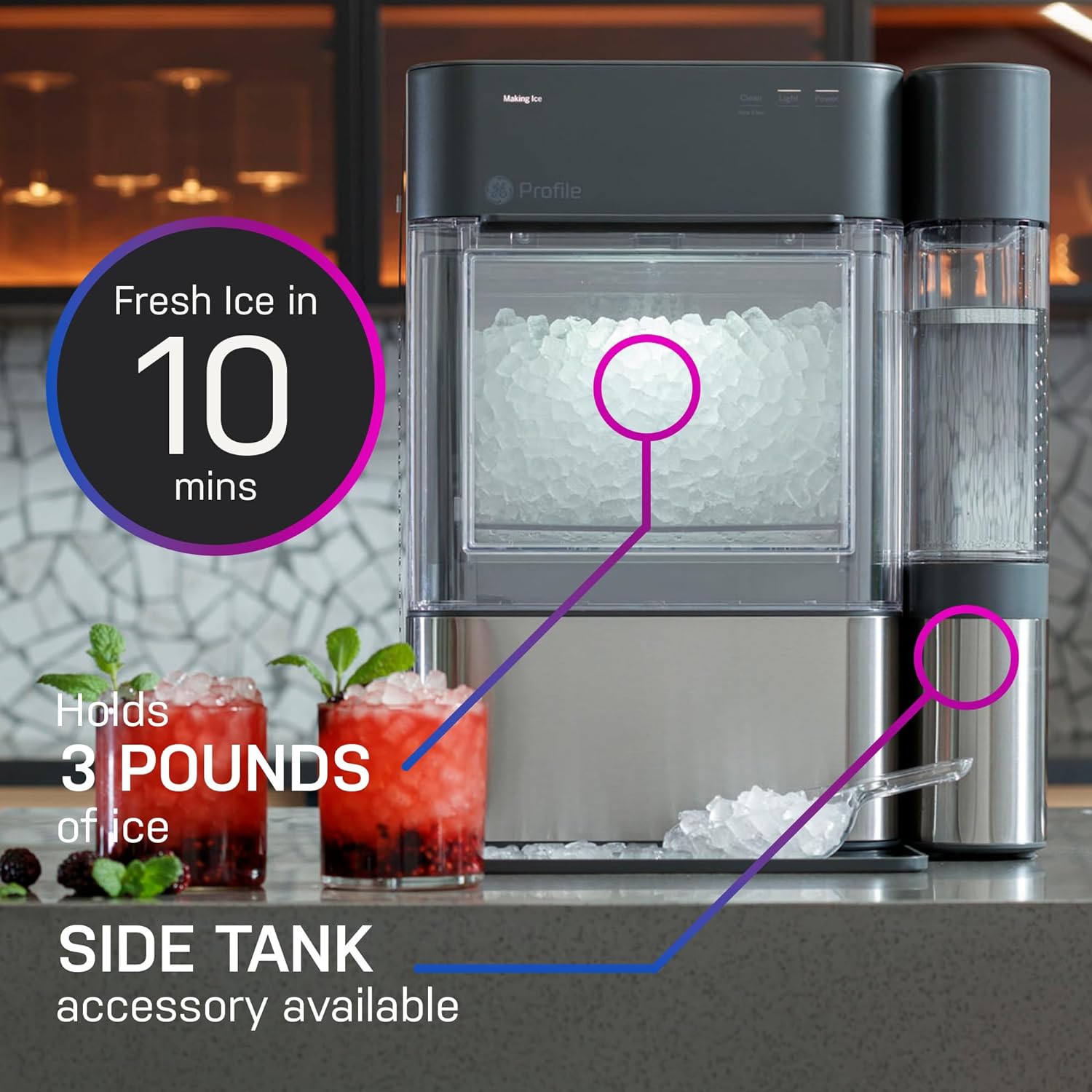 Countertop Nugget Ice Maker with Side Tank | Ice Machine with WiFi Connectivity | Smart Home Kitchen Essentials | Stainless Steel