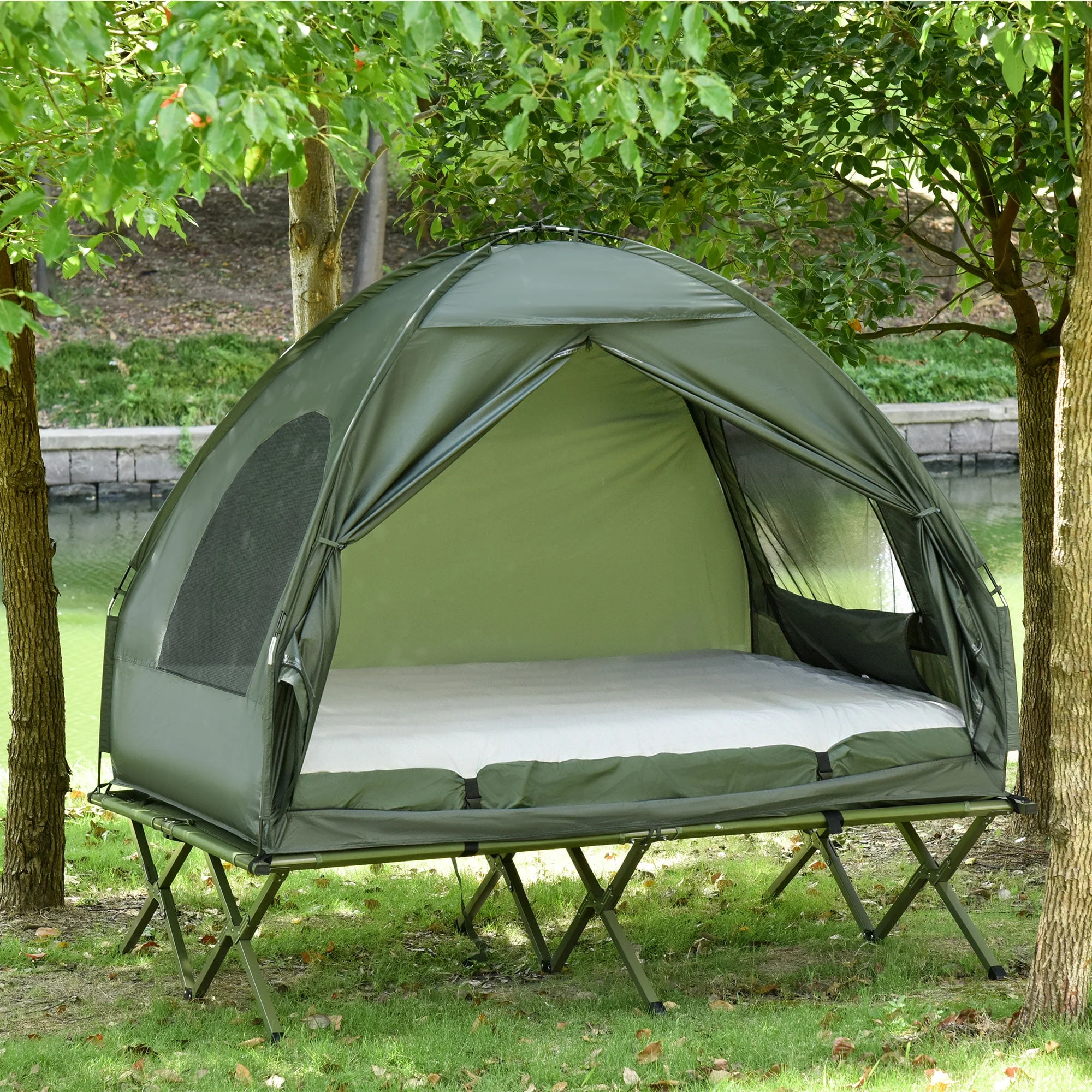 Outsunny Extra Large Compact Pop Up Portable Folding Outdoor Elevated All in One Camping Cot Tent Combo Set