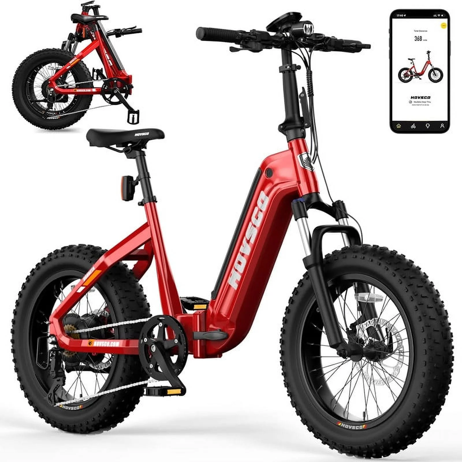 HOVSCO Folding Electric Bike, 750W Step-Thru 20 inch Fat Tire Ebike, 28 MPH, 48V 15Ah Removable Battery, Dual Hydraulic Suspension & Brake, Red