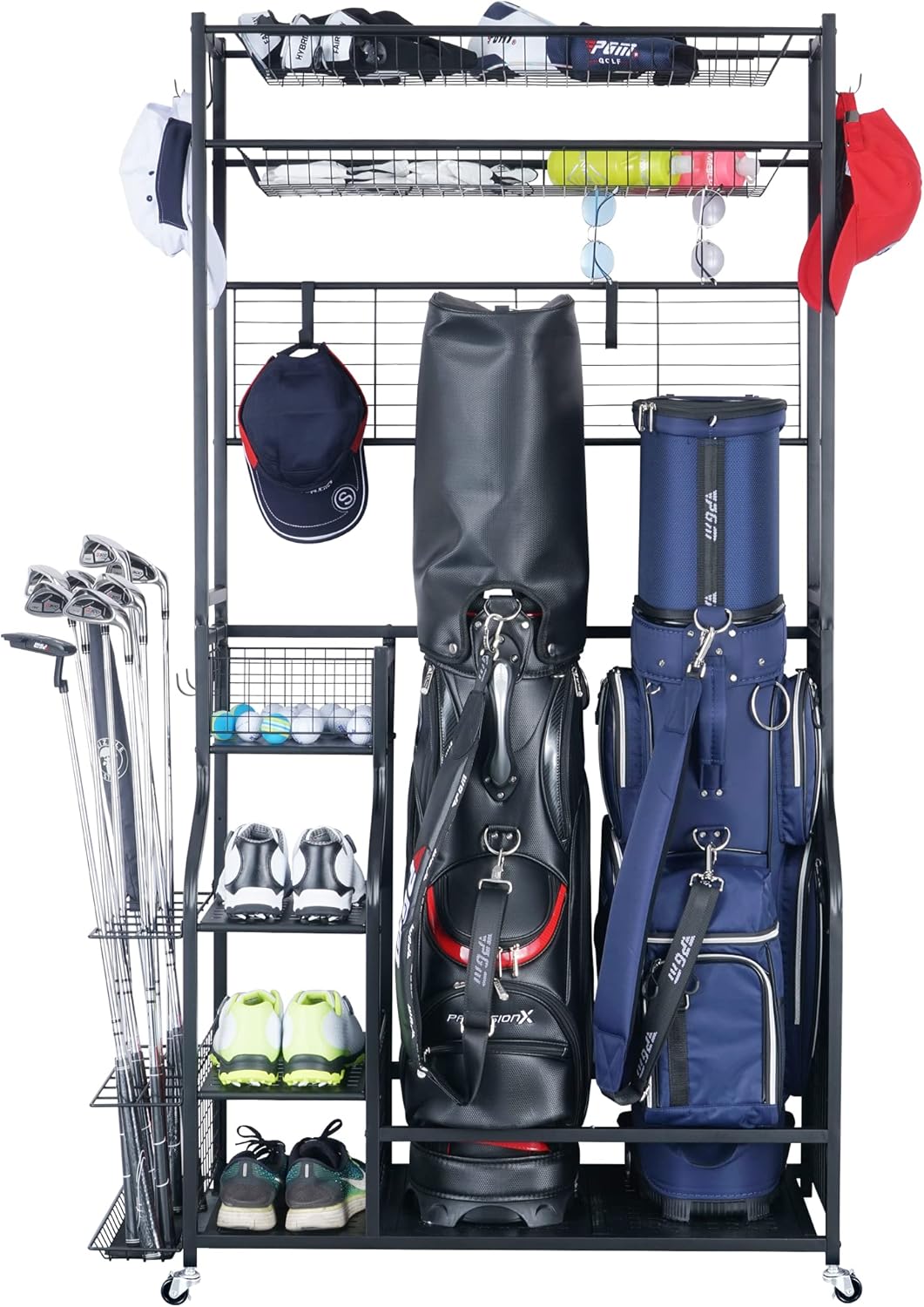 Golf Bag Storage Garage Organizer,2 Golf Bags Storage Stand and Golfing Equipment Accessories Storage Rack with 4 Removable Hooks, Extra Golf Clubs Display Rack