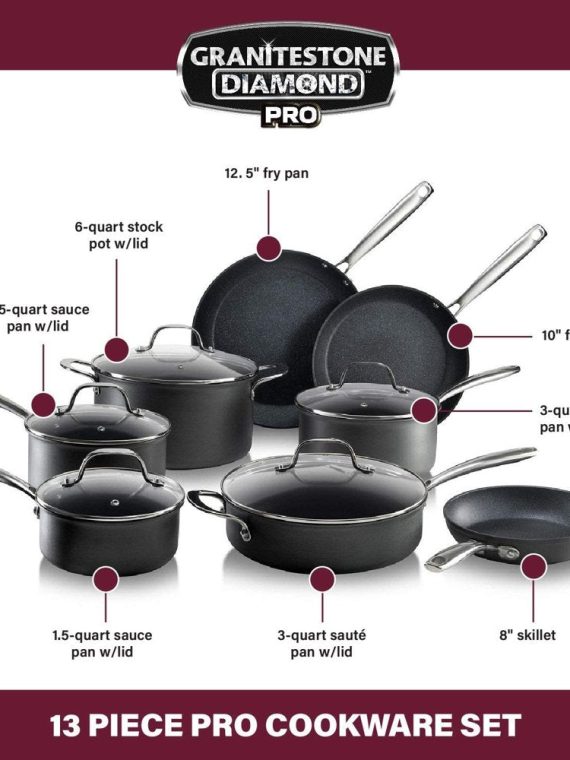 Granitestone Pro Hard Anodized Pots and Pans 13 Pcs Premium Cookware Set with Ultimate Nonstick Diamond Coating, Oven & Dishwasher Safe