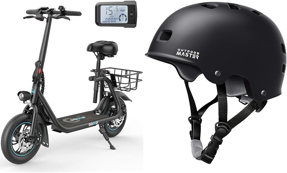 Electric Scooter with Seat & OutdoorMaster Skateboard Cycling Helmet – 450W 20 Mile Electric Scooter, Multi-Sport Ventilated Helmet