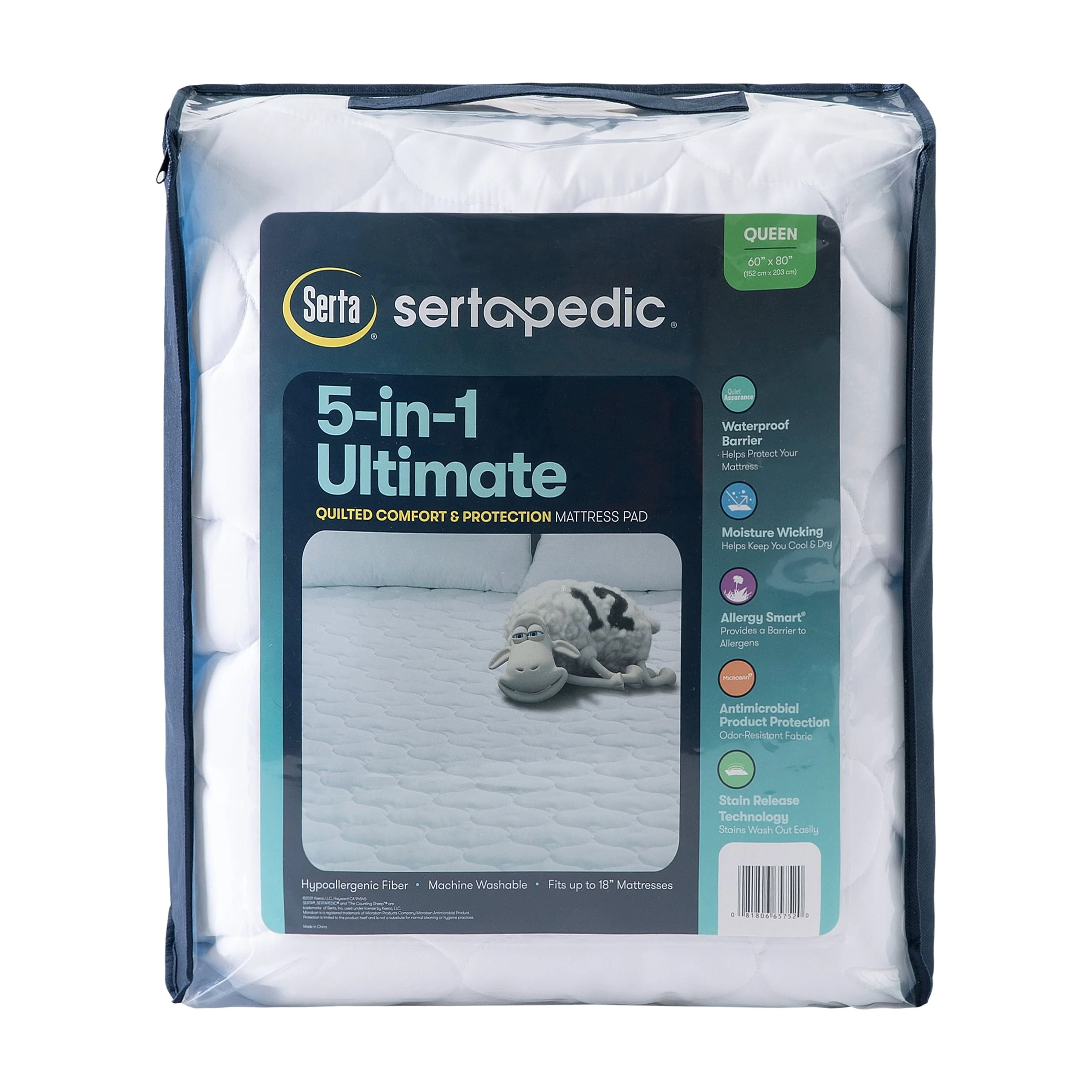 Sertapedic 5-in-1 Ultimate Quilted Comfort & Protection Mattress Pad, White, Queen