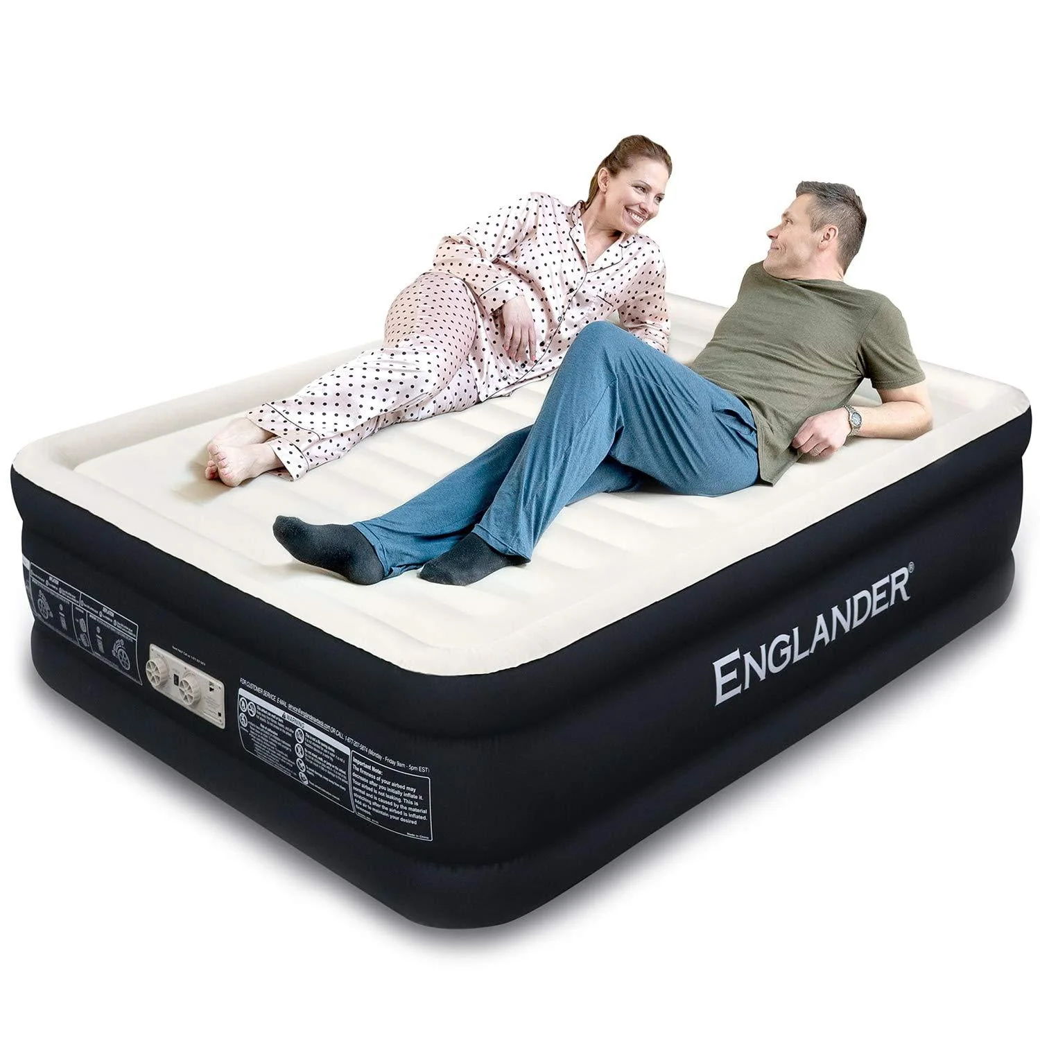 Englander Air Mattress w/ Built in Pump - Luxury Double High Inflatable Bed for Home, Travel & Camping, Queen, Black