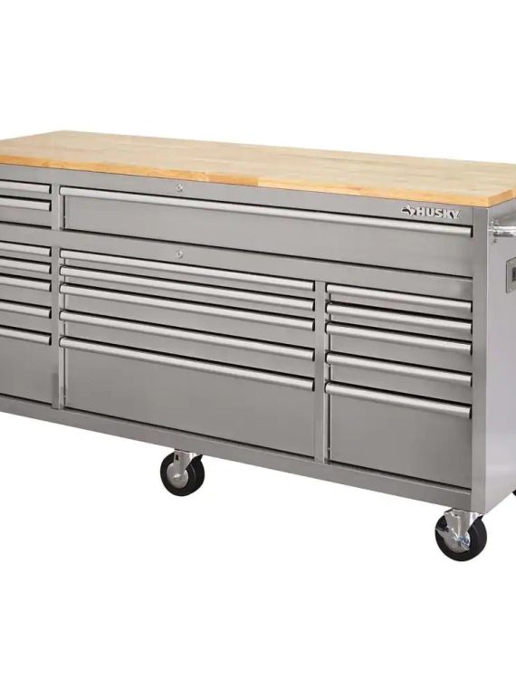 72 in. 18-Drawer 24 in. D Mobile Workbench with Solid Wood Top Stainless Steel