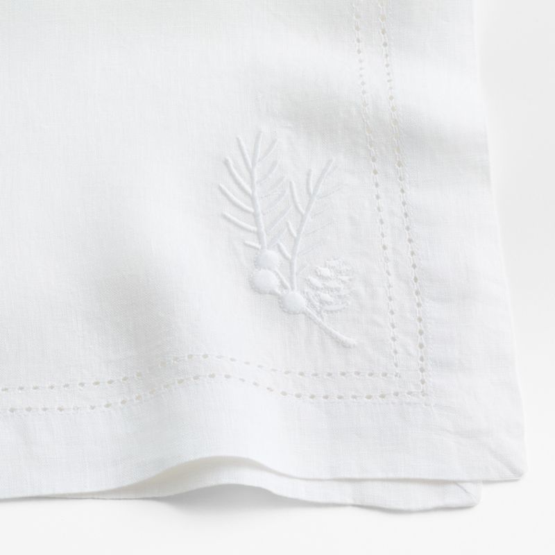 White Embroidered Pinecone EUROPEAN FLAX ™-Certified Linen Dinner Napkin