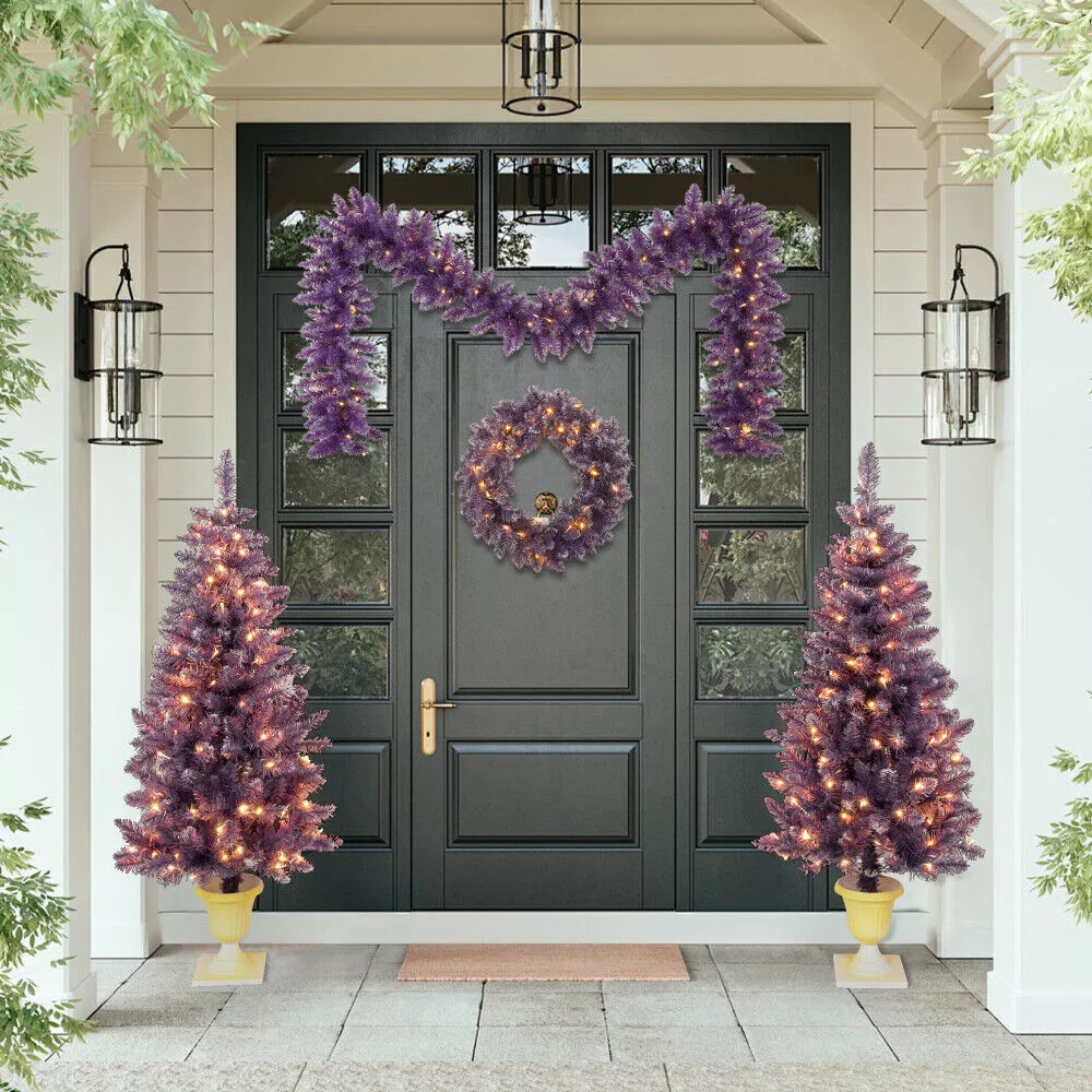 4 Pcs Pre-lit Artificial Christmas Tree Garland Wreath Set of 2 Entrance Trees