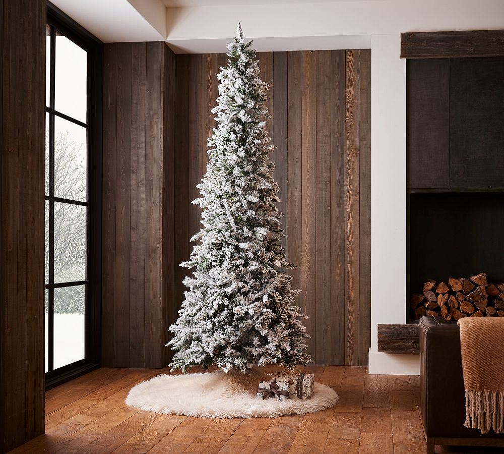 Lit Flocked Pencil Pine Faux Christmas Trees