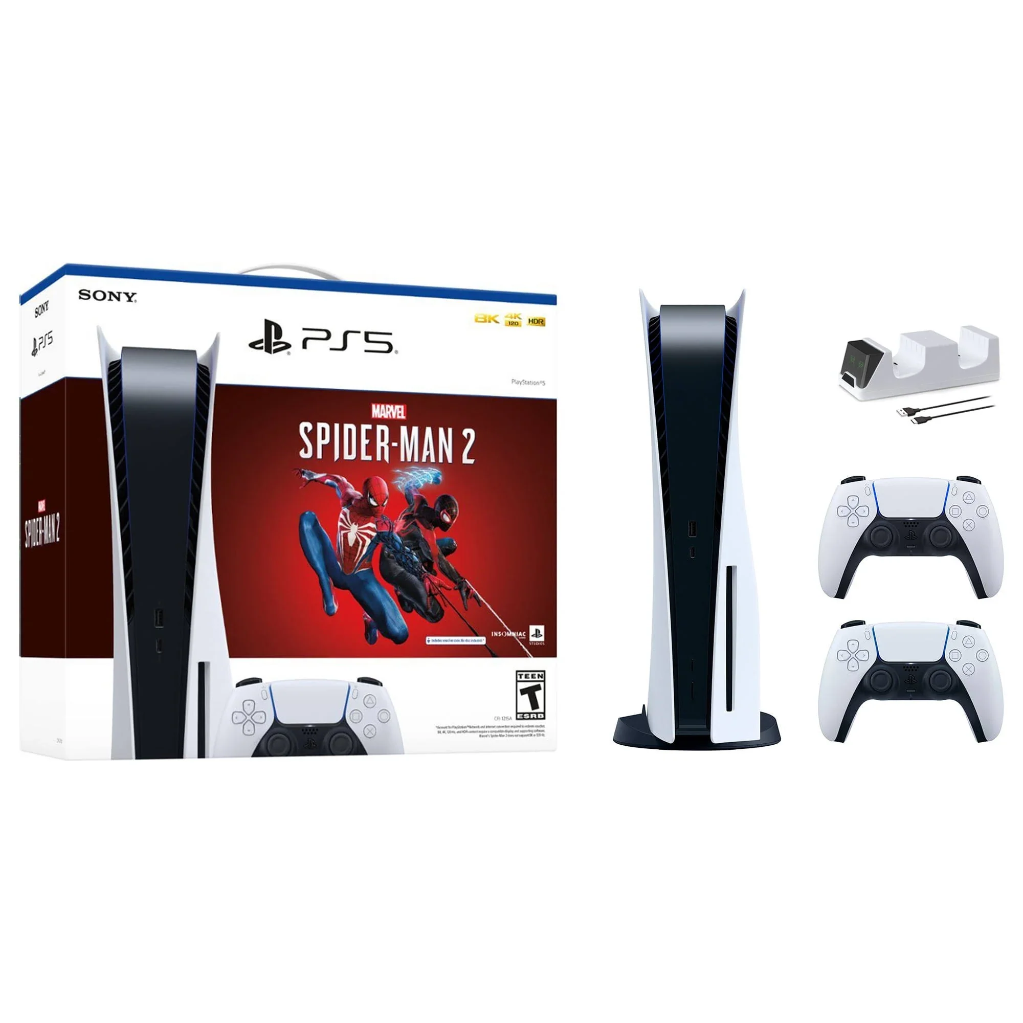 PlayStation 5 Disc Edition Marvel's Spider-Man 2 Bundle with Two Controllers White and Cosmic Red DualSense and Mytrix Dual Controller Charger - PS5