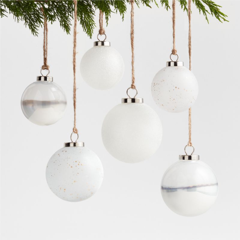 Winter White Glass Christmas Tree Ornaments , Set of 6