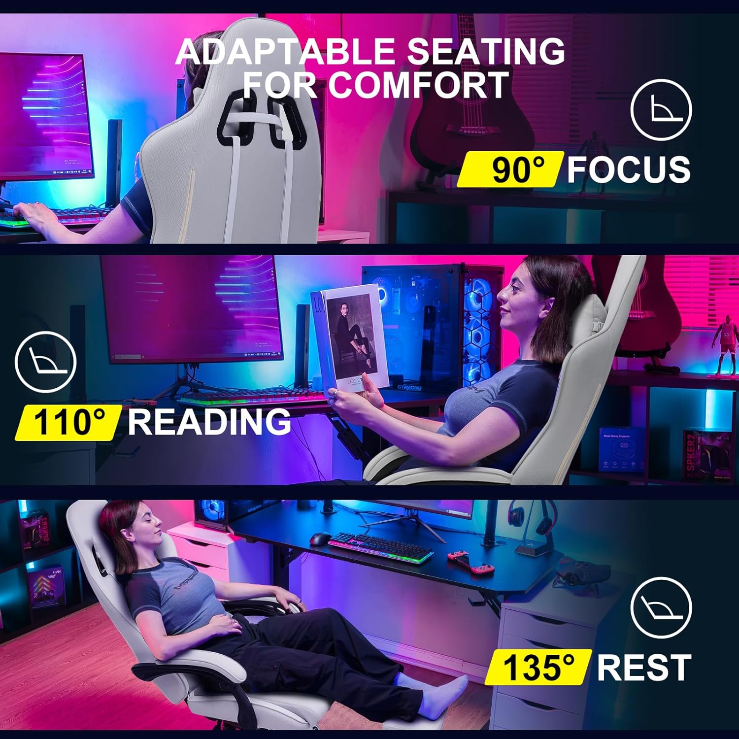 GTPLAYER Gaming Chair, Computer Chair with Footrest and Lumbar Support, Height Adjustable Game Chair with 360 -Swivel Seat and Headrest and for Office or Gaming (White)