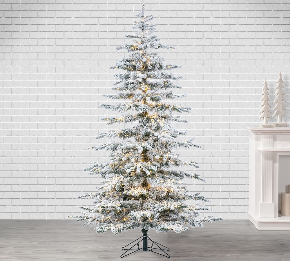 Lit Flocked Mountain Pine Faux Christmas Trees