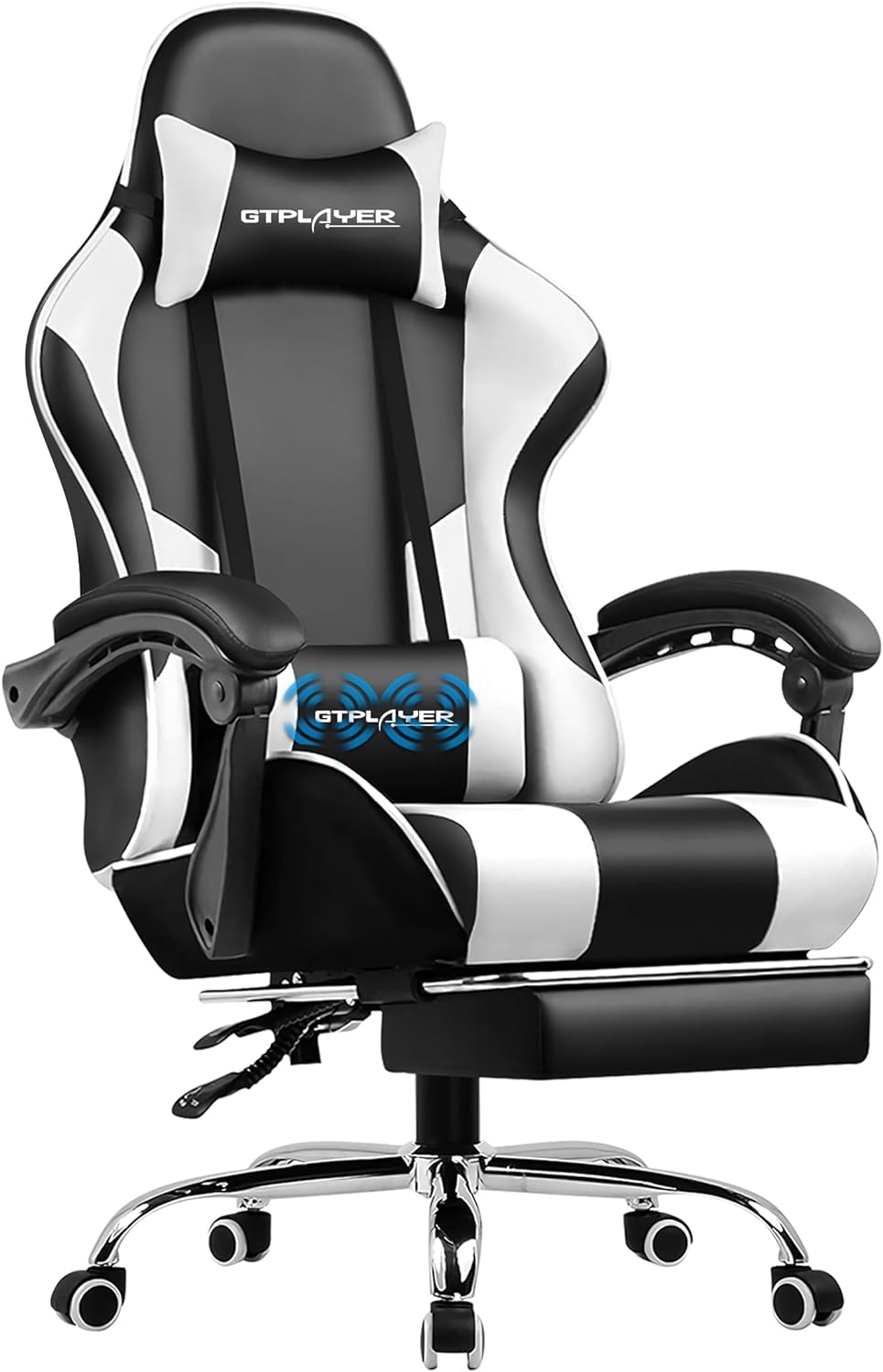 GTPLAYER Gaming Chair, Computer Chair with Footrest and Lumbar Support, Height Adjustable Game Chair with 360 -Swivel Seat and Headrest and for Office or Gaming (White)
