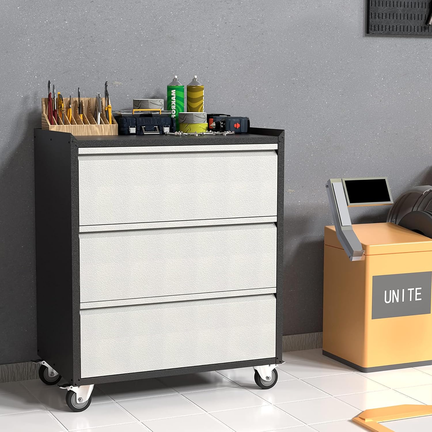 3 Drawers Metal Storage Cabinet with Wheels  Garage Storage Cabinet on Wheels 35.4′�?H Top Workbench Mobile Tool Chests Assembly Required...