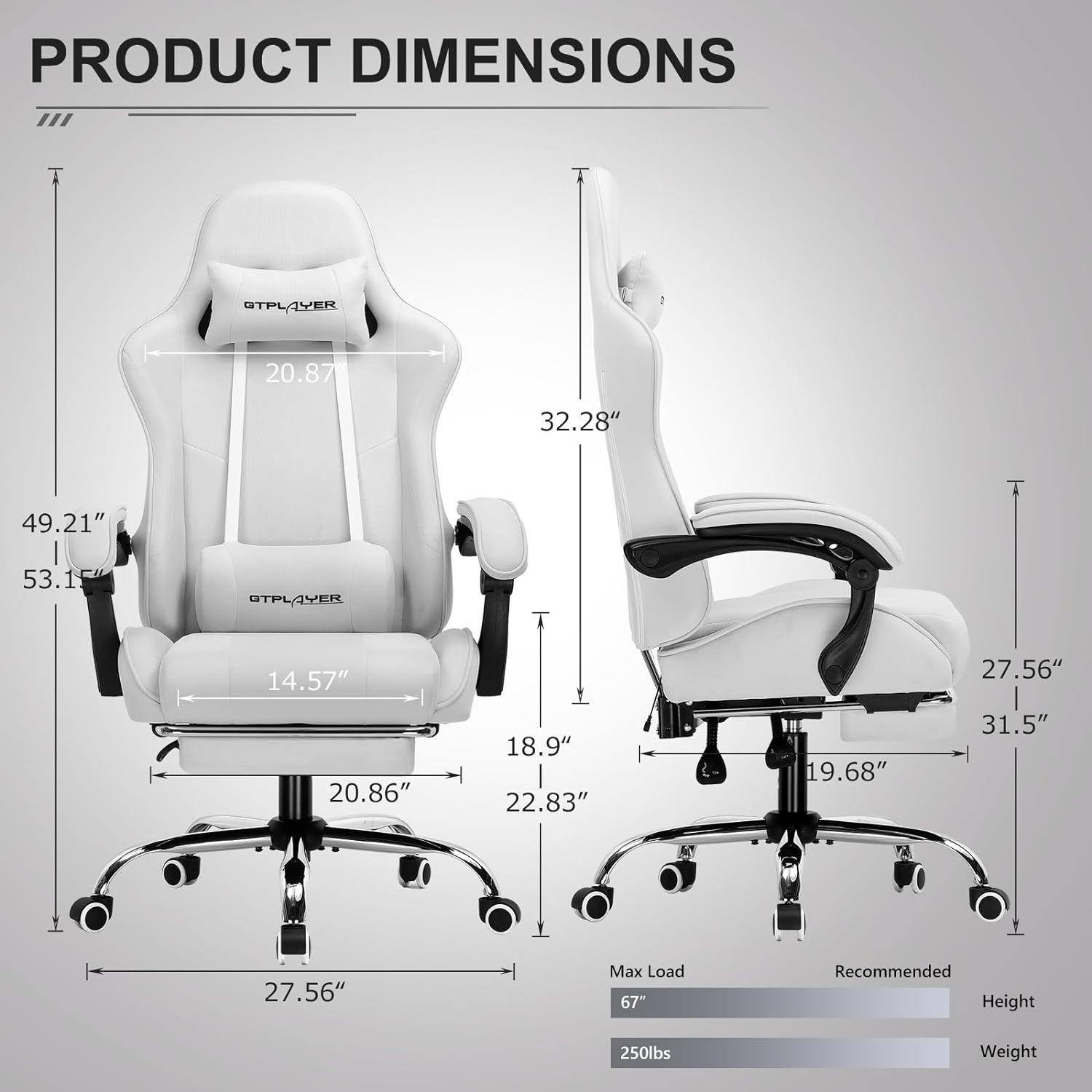 GTPLAYER Gaming Chair, Computer Chair with Footrest and Lumbar Support, Height Adjustable Game Chair with 360 -Swivel Seat and Headrest and for Office or Gaming (White)