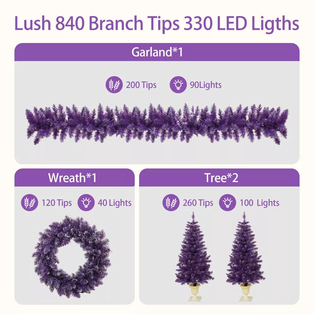 4 Pcs Pre-lit Artificial Christmas Tree Garland Wreath Set of 2 Entrance Trees