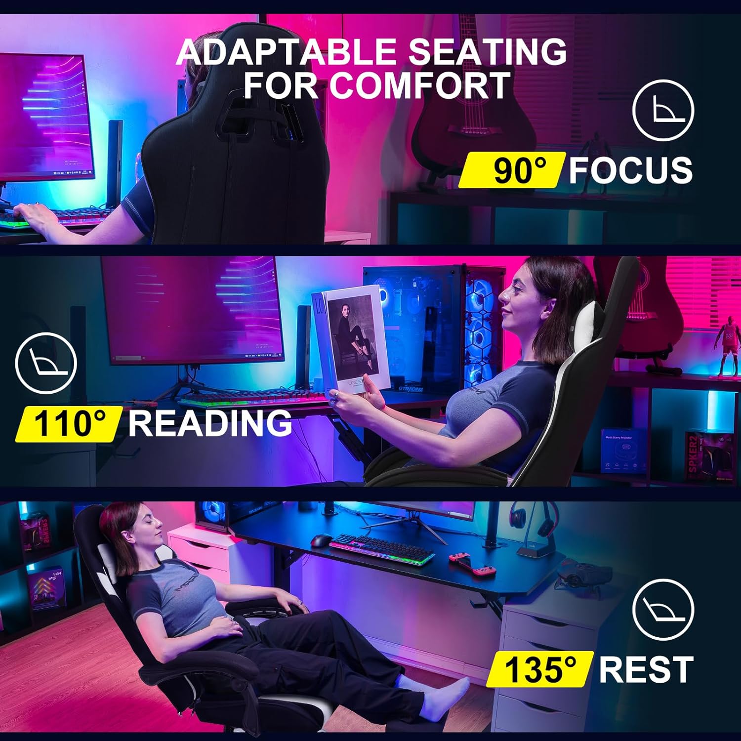 GTPLAYER Gaming Chair, Computer Chair with Footrest and Lumbar Support, Height Adjustable Game Chair with 360 -Swivel Seat and Headrest and for Office or Gaming (White)