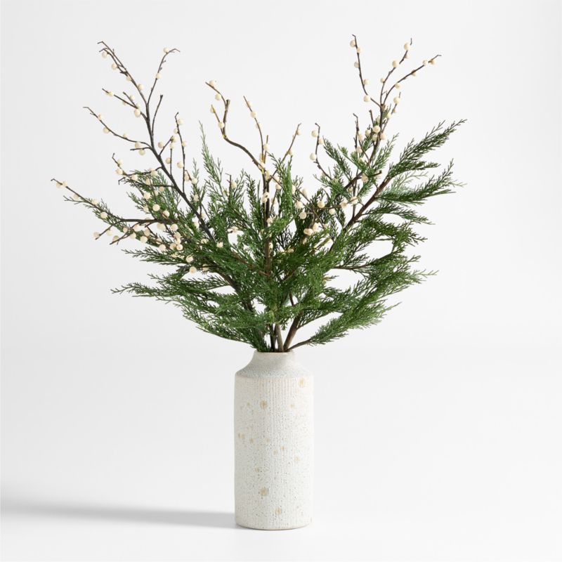 Cypress & White Berry Holiday Arrangement in Ema White Ceramic Vase