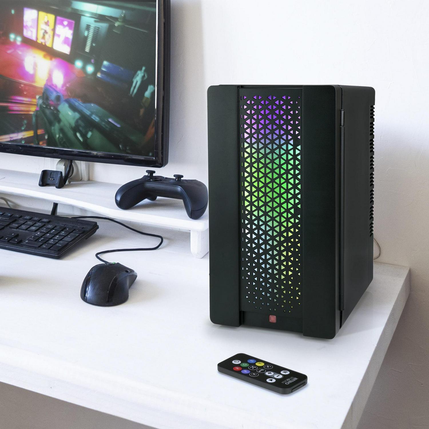 Personal Chiller Mini Fridge Gamer Beverage Refrigerator with LED Lights, 10 L Capacity, Black