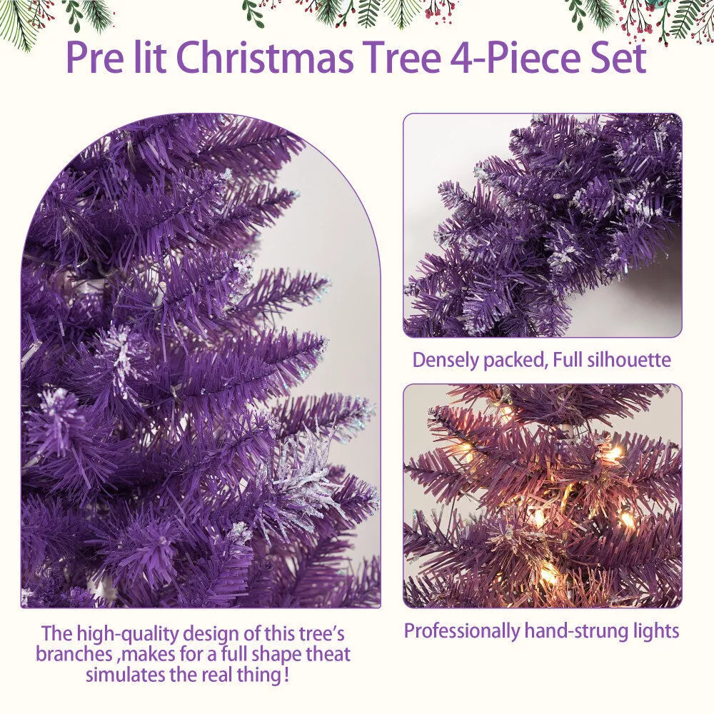 4 Pcs Pre-lit Artificial Christmas Tree Garland Wreath Set of 2 Entrance Trees