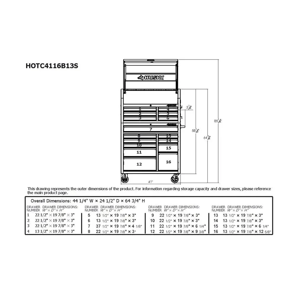Husky 41 in. W x 24.5 in D Standard Duty 16-Drawer Combination Rolling Tool Chest and Top Tool Cabinet Set in Gloss Black