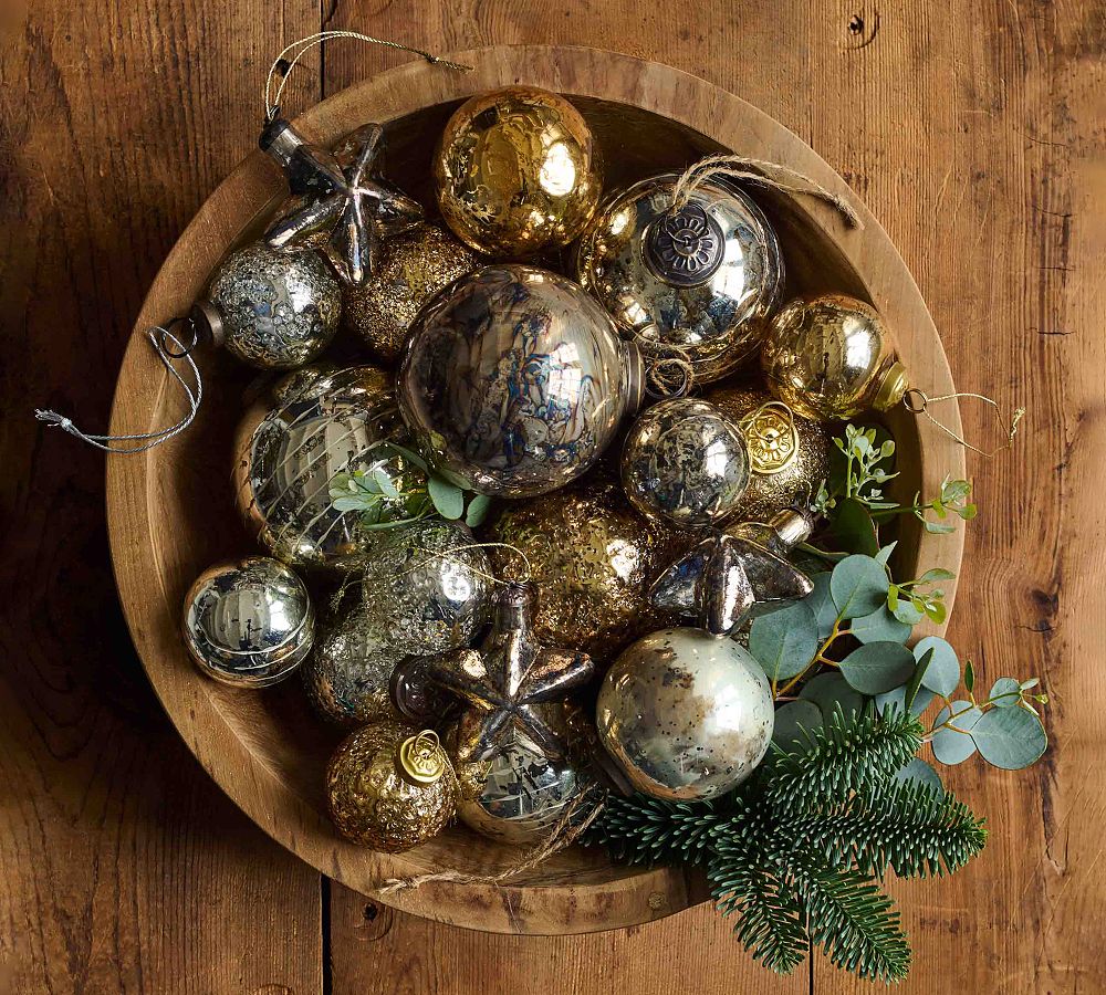 Mouth Blown Antique Gold & Brass Ball Ornaments - Set of 6
