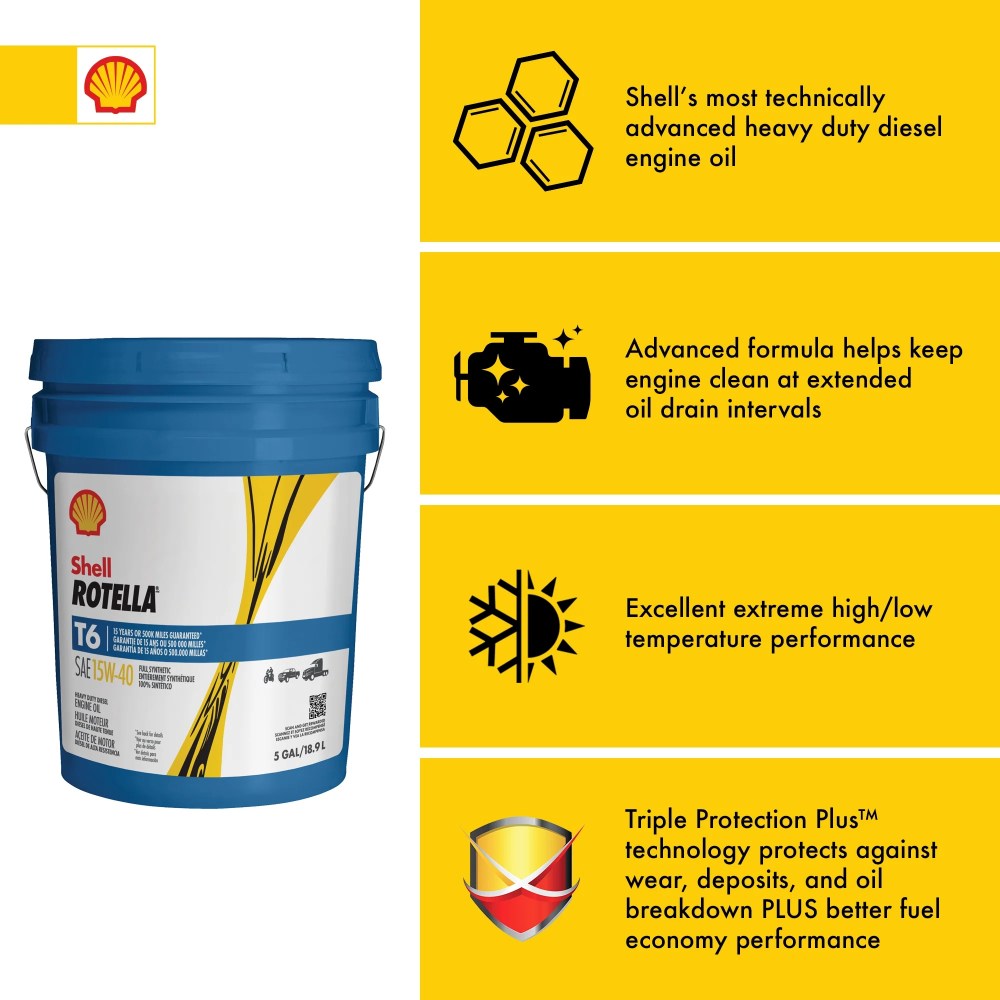 Shell Rotella T6 Full Synthetic 15W-40 Diesel Engine Oil, 5 Gallon