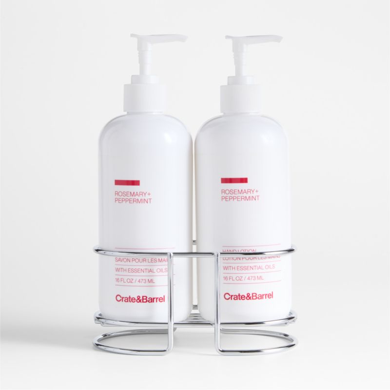 Rosemary + Peppermint Hand Soap and Lotion Set with Stainless Steel Caddy