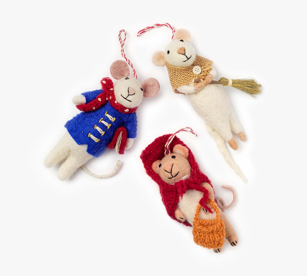 Handcrafted Country Mice Ornaments - Set Of 3