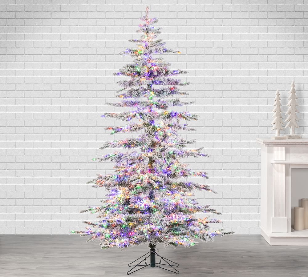 Lit Flocked Mountain Pine Faux Christmas Trees