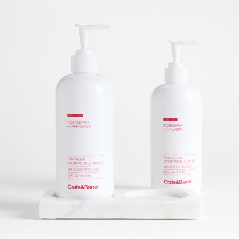 Rosemary + Peppermint Hand Soap and Lotion Set with White Marble Caddy