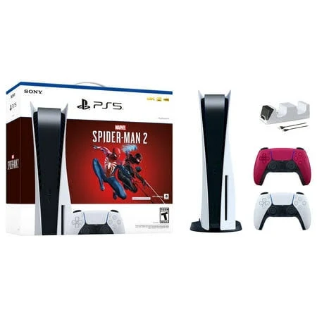 PlayStation 5 Disc Edition Marvel's Spider-Man 2 Bundle with Two Controllers White and Cosmic Red DualSense and Mytrix Dual Controller Charger - PS5