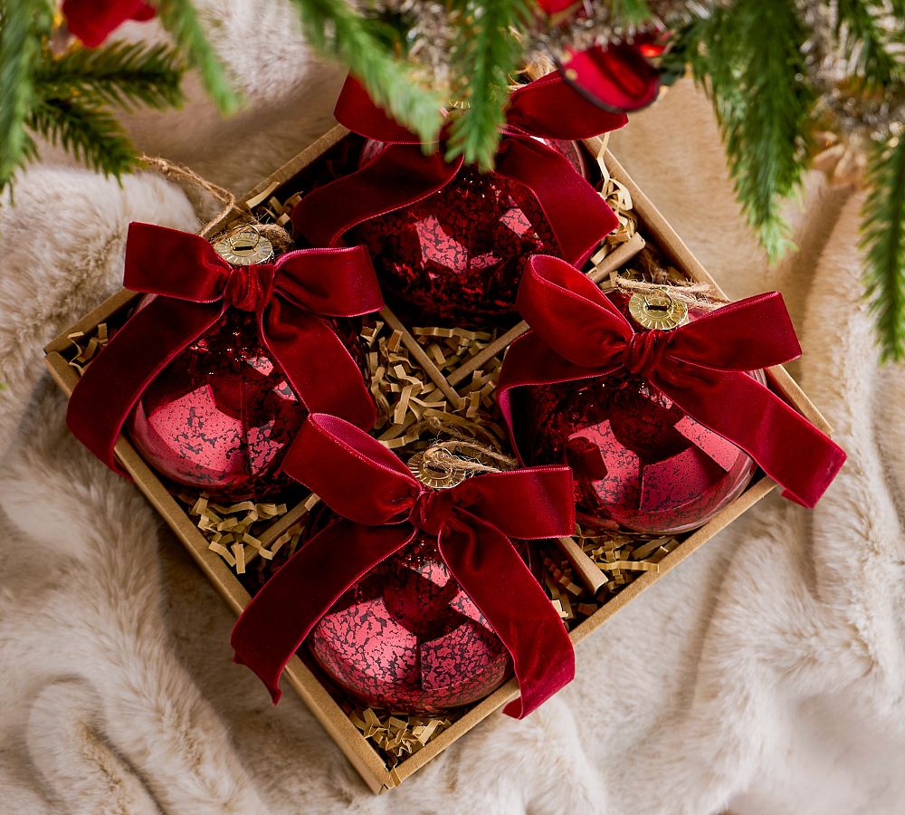 Mercury Glass Ball Ornaments with Bows - Set of 4