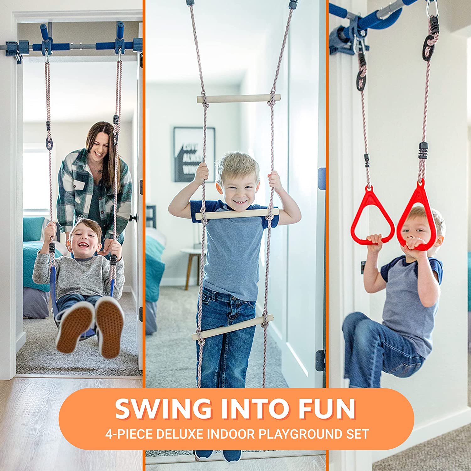 6 Piece Indoor Doorway Gym Set for Kids �C Indoor Swing for Kids Includes Kids Swing Chair, Rings, Hanging Trapeze, Ladder, Swinging Rope & Pullup Bar