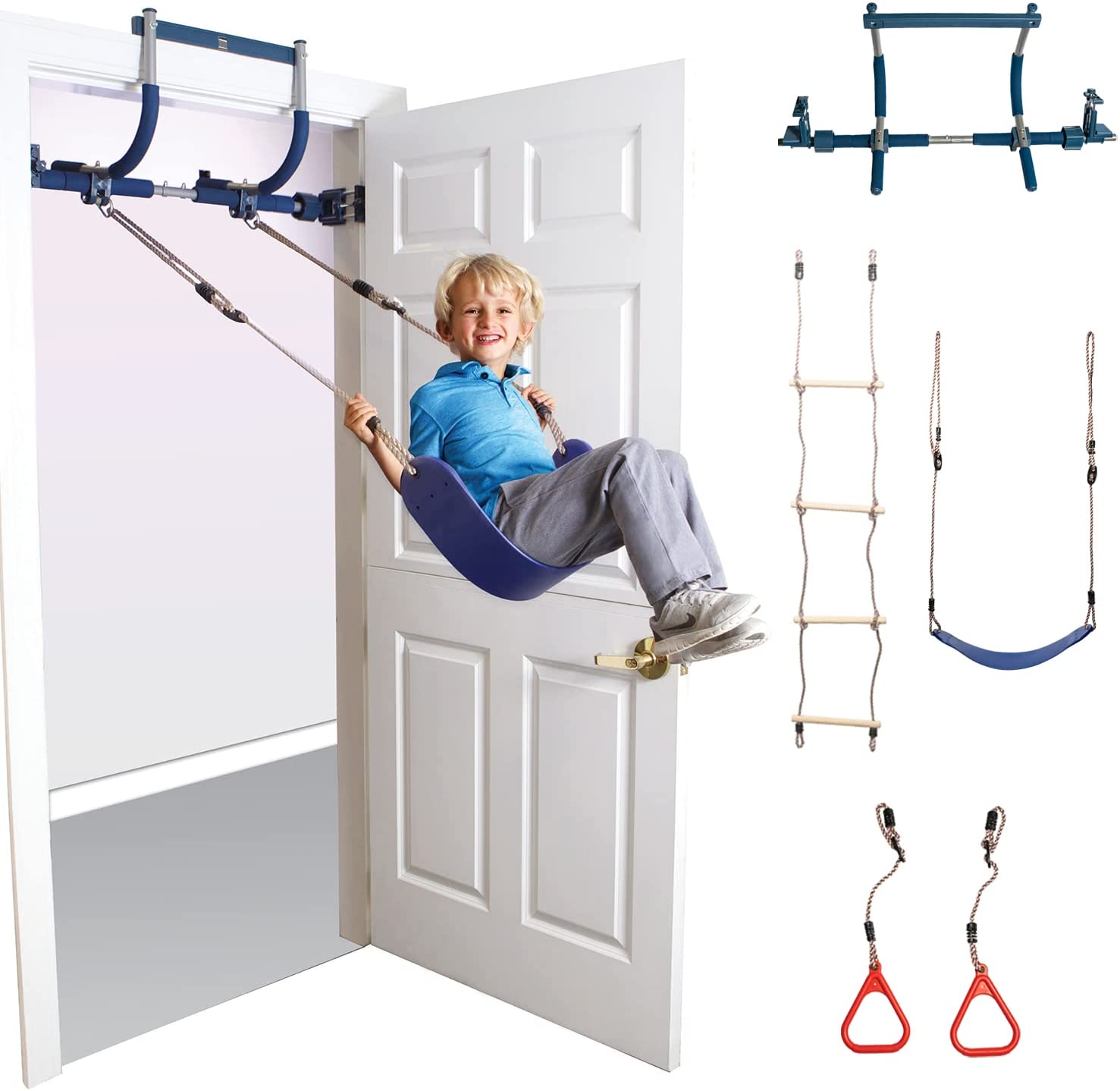 6 Piece Indoor Doorway Gym Set for Kids �C Indoor Swing for Kids Includes Kids Swing Chair, Rings, Hanging Trapeze, Ladder, Swinging Rope & Pullup Bar