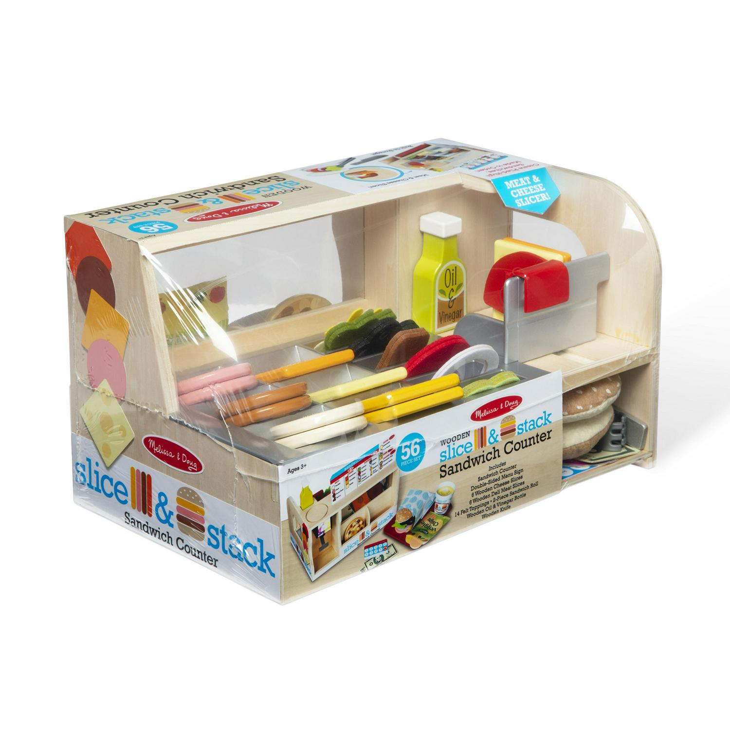 and Doug Wooden Slice and Stack Sandwich Counter with Deli Slicer a 56-Piece Pretend Play Food Pieces